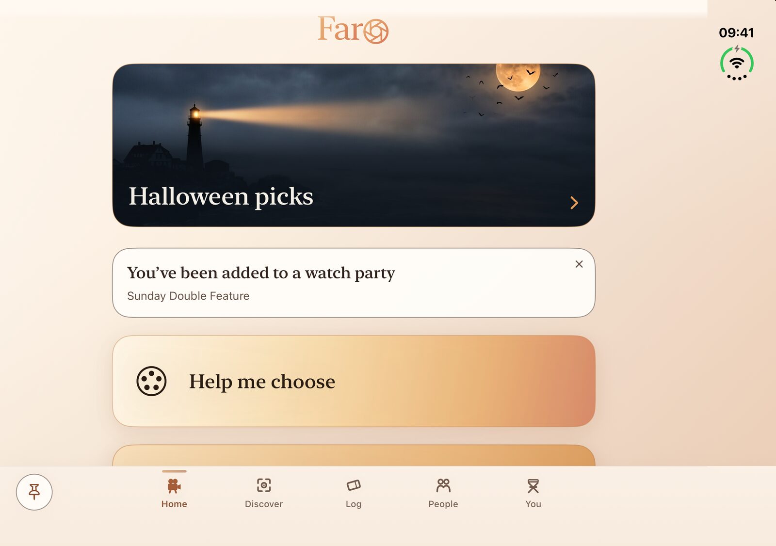 Faro's Home on the open iPhone Duo: a Halloween picks card with a lighthouse, a full moon and bats, a note that you've been added to a watch party called Sunday Double Feature, and Help me choose.
