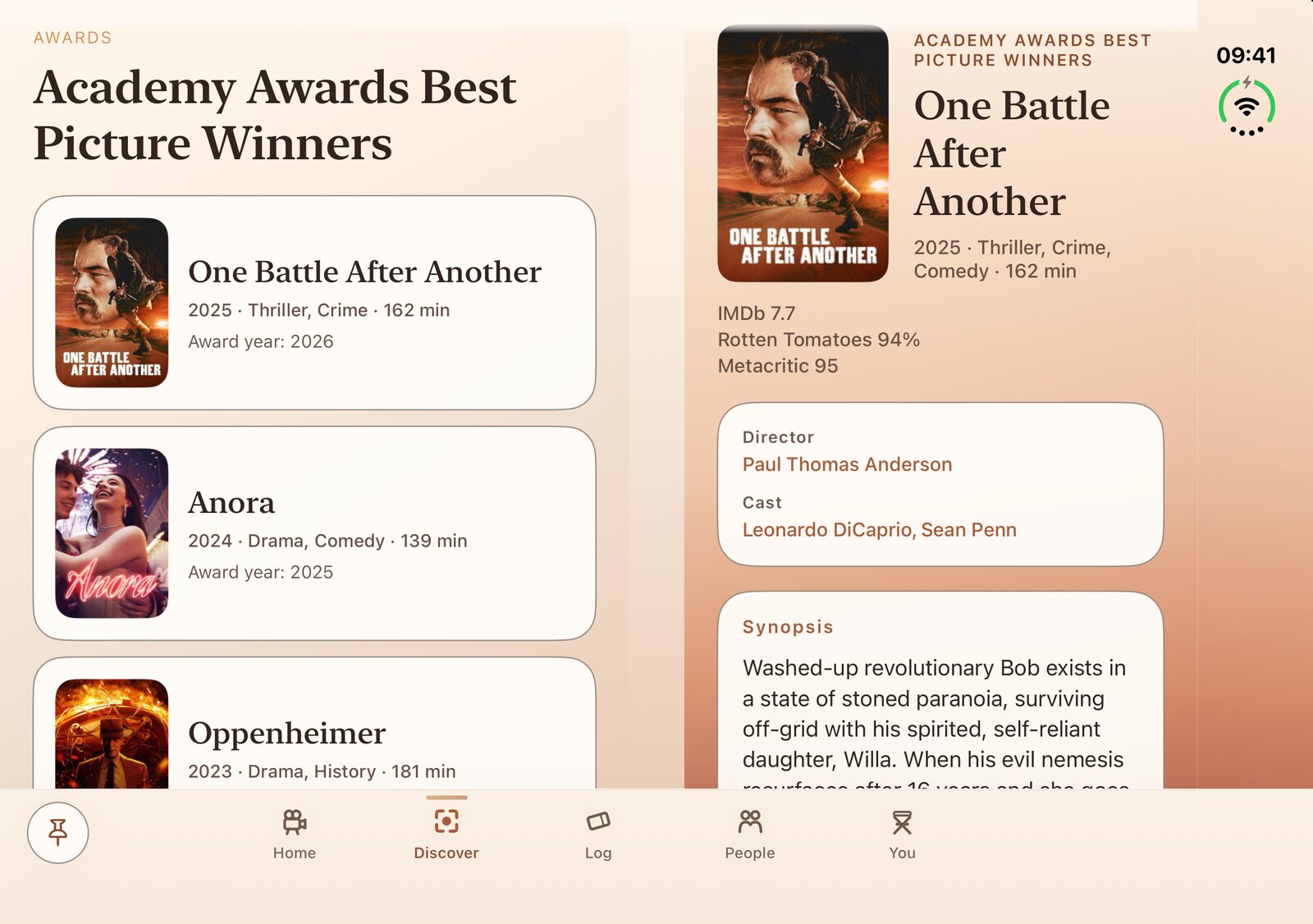 Discover's Academy Awards Best Picture Winners list on the left half of the open iPhone Duo, with One Battle After Another, Anora and Oppenheimer, and One Battle After Another's film page on the right half with its scores, director, cast and synopsis.
