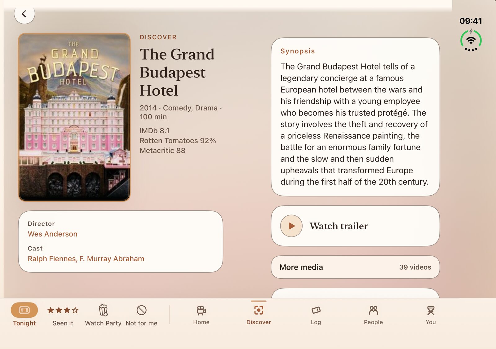 The Grand Budapest Hotel's film page across the open iPhone Duo: the poster, scores, director and cast on the left half, the synopsis, Watch trailer and More media on the right, and an action bar along the bottom with Tonight, Seen it rated three stars, Watch Party and Not for me beside the five tabs.