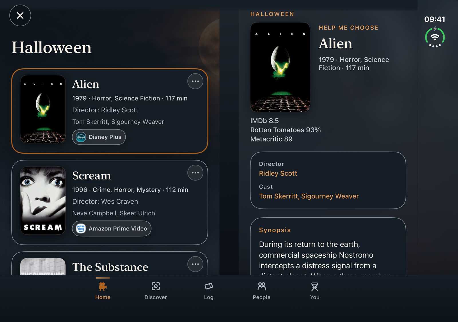 Halloween picks on the left half of the open iPhone Duo, with Alien, Scream and The Substance and where to watch each, and Alien's film page on the right half.