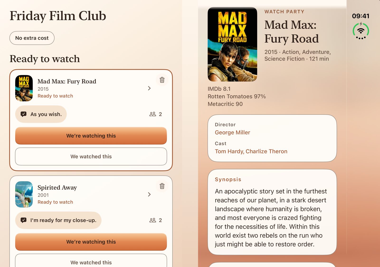 A Watch Party group called Friday Film Club on the left half of the open iPhone Duo, with Mad Max: Fury Road and Spirited Away ready to watch, and Mad Max: Fury Road's film page on the right half.