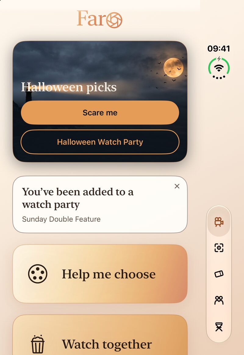 Faro on the closed iPhone Duo: Home with the Halloween picks card and its Scare me and Halloween Watch Party buttons, the watch party note and Help me choose, with the tabs in a rail on the right.