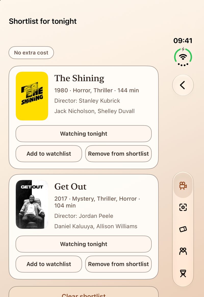 Shortlist for tonight on the closed iPhone Duo: The Shining and Get Out, each with Watching tonight, Add to watchlist and Remove from shortlist.
