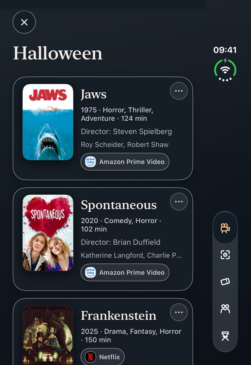 Halloween picks on the closed iPhone Duo: Jaws, Spontaneous and Frankenstein, each with the service it is on.