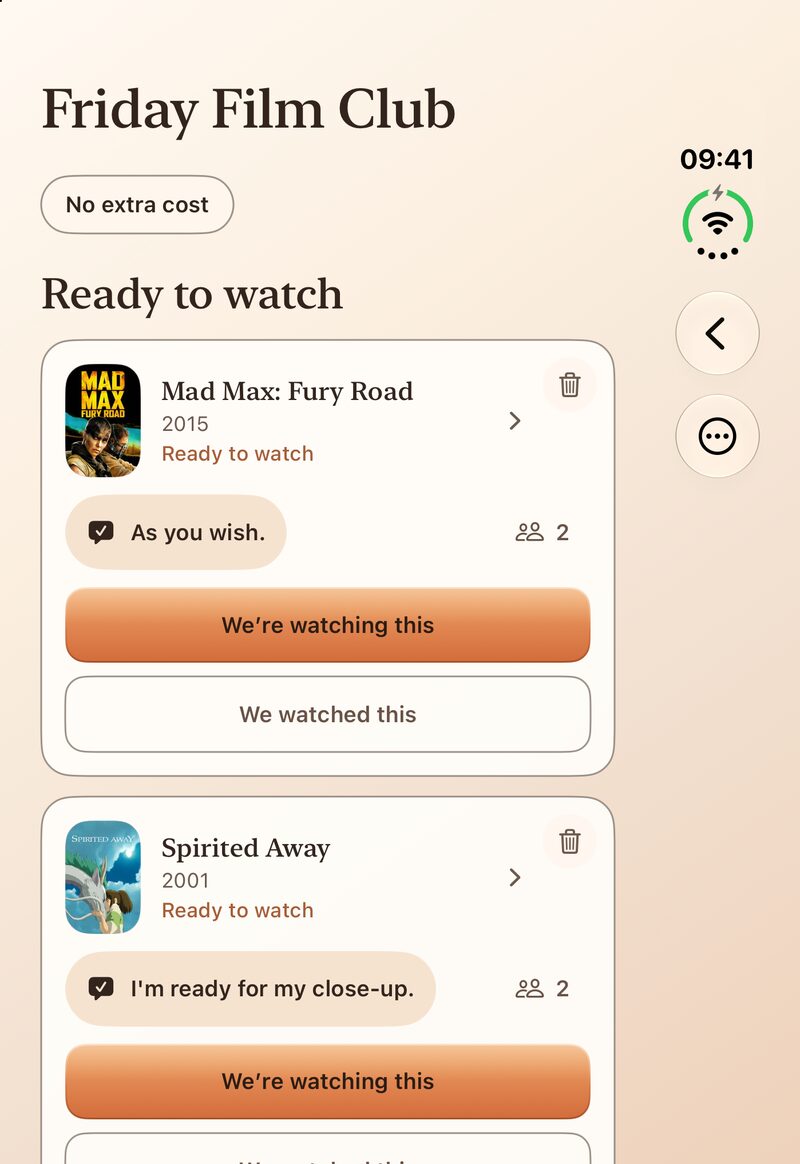 The Friday Film Club group on the closed iPhone Duo: Mad Max: Fury Road and Spirited Away ready to watch, with comments and the buttons We're watching this and We watched this.