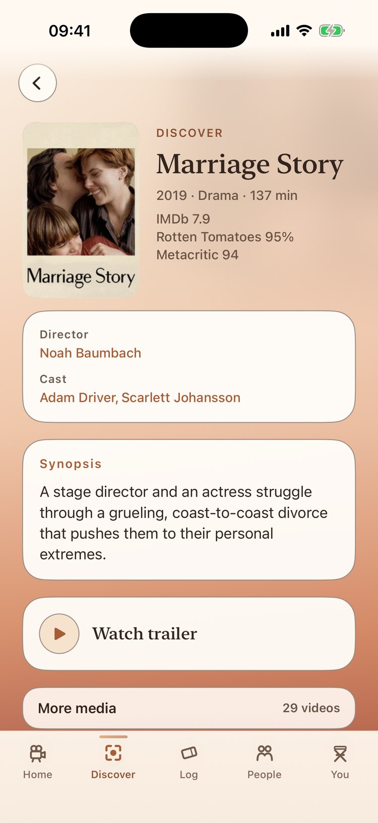 A film page: poster, year, genres and runtime, the IMDb, Rotten Tomatoes and Metacritic scores, a director and cast panel, the synopsis and a Watch trailer button.