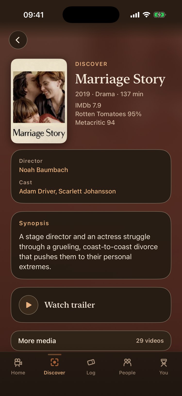 A film page: poster, year, genres and runtime, the IMDb, Rotten Tomatoes and Metacritic scores, a director and cast panel, the synopsis and a Watch trailer button.
