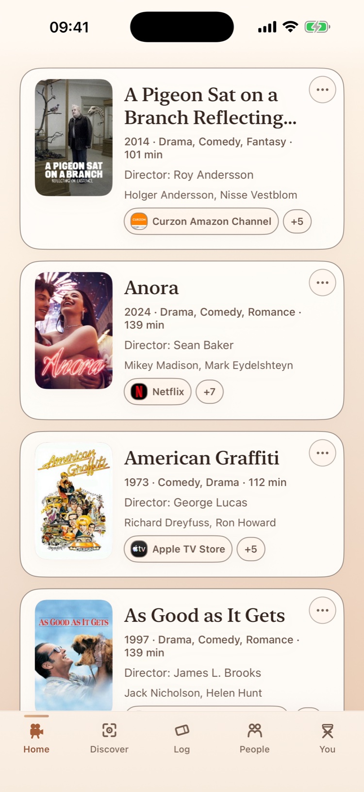 The Help me choose result: a list of suggested films, each with its poster, year, genres, runtime, director, leading cast and the streaming services it is on.