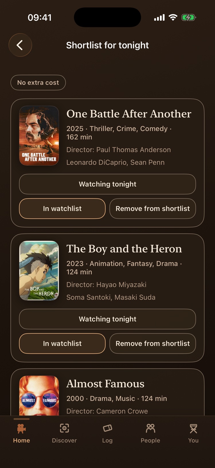 Shortlist for tonight: a No extra cost filter above the saved films, each with its poster, year, genres, runtime, director and leading cast, a Watching tonight button and buttons to keep the film in the watchlist or remove it from the shortlist.