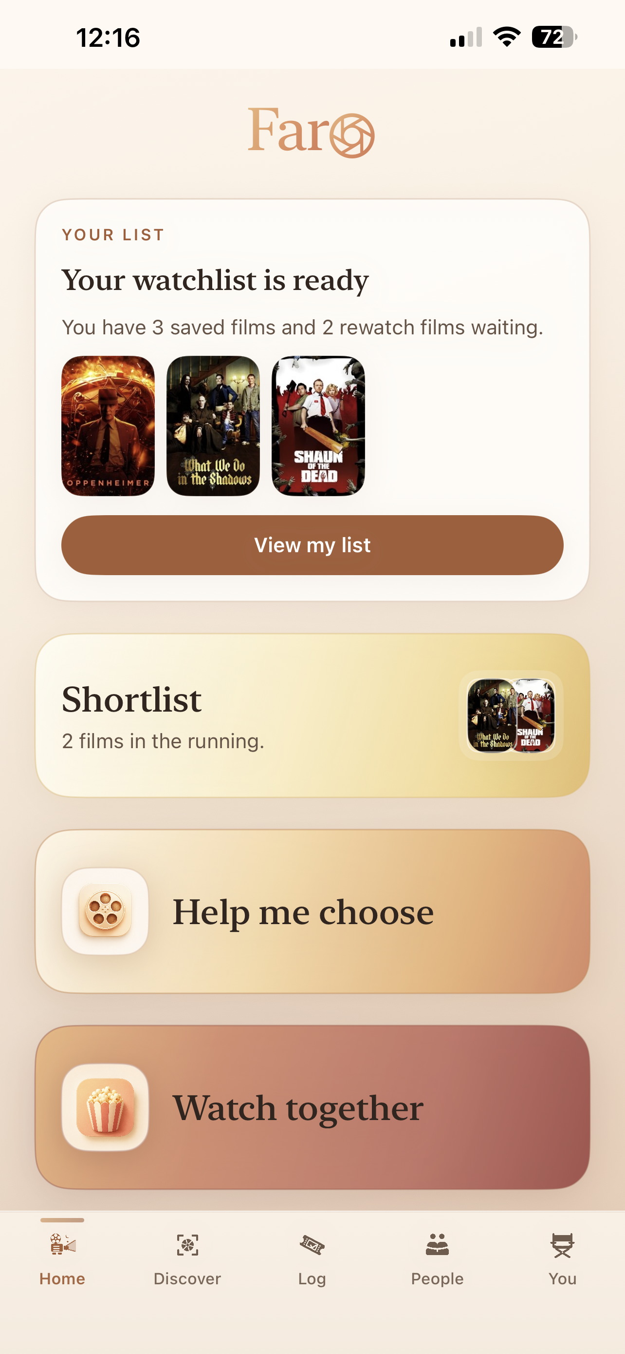Faro home screen with film-night tools and recommendations