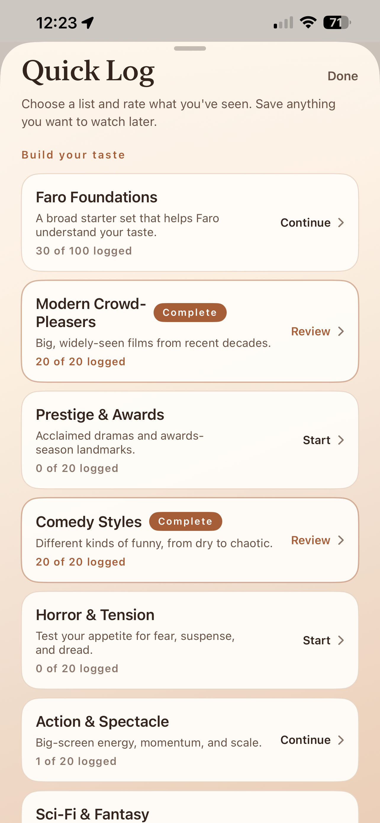 Quick Log screen for rating films in Faro