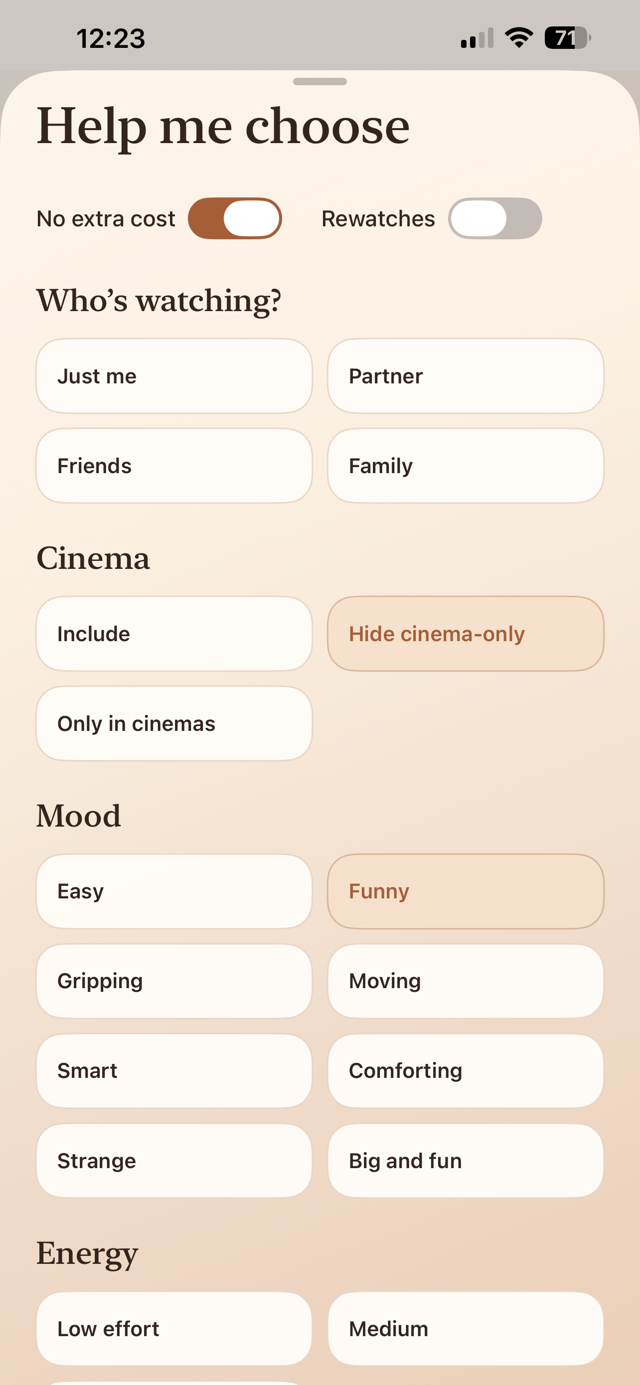 Faro Help Me Choose screen for setting mood, time, services, and avoidances