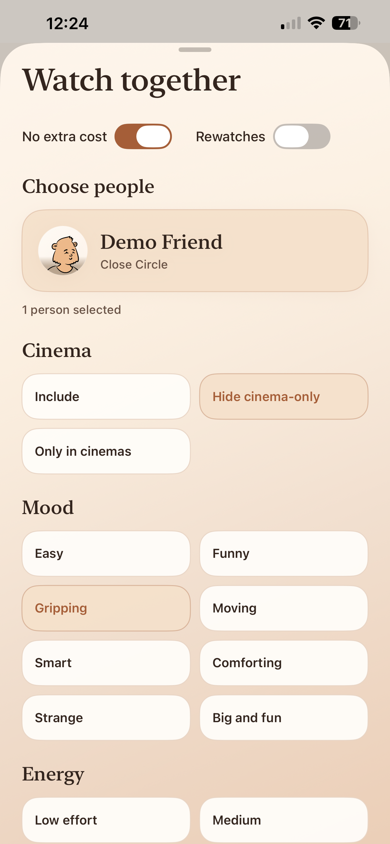 Faro Watch Together screen for choosing films with someone else