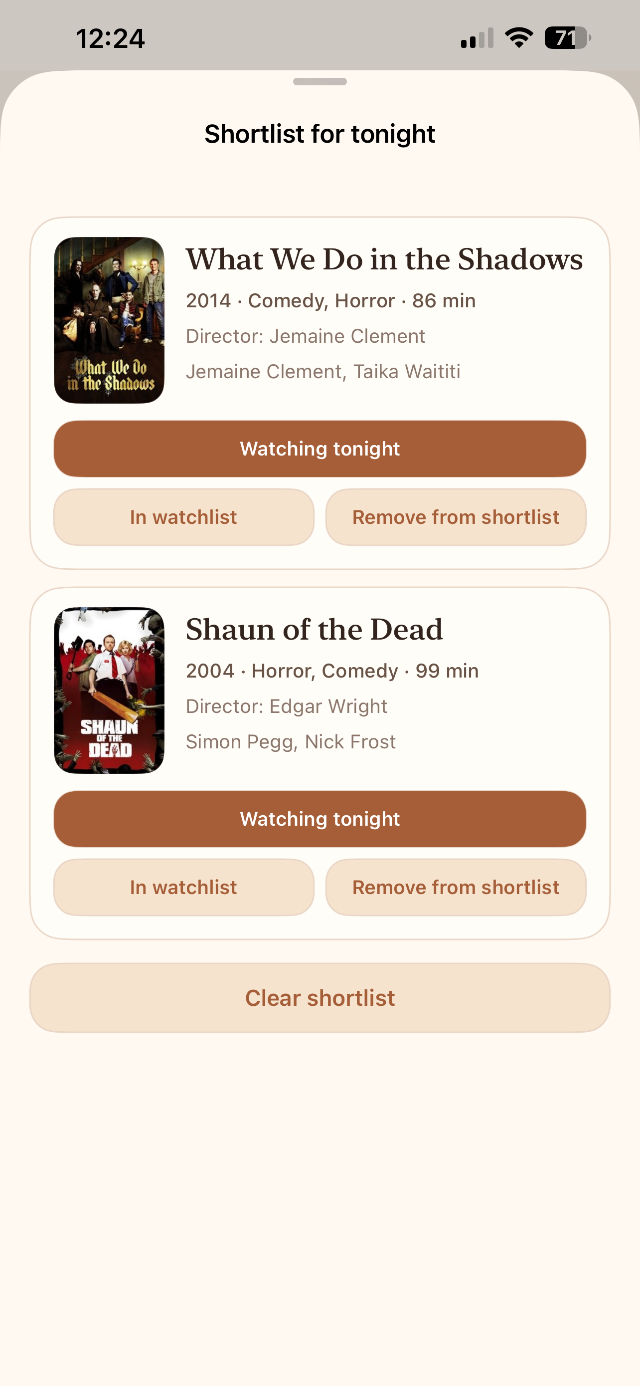 Shortlist screen showing films saved for tonight in Faro