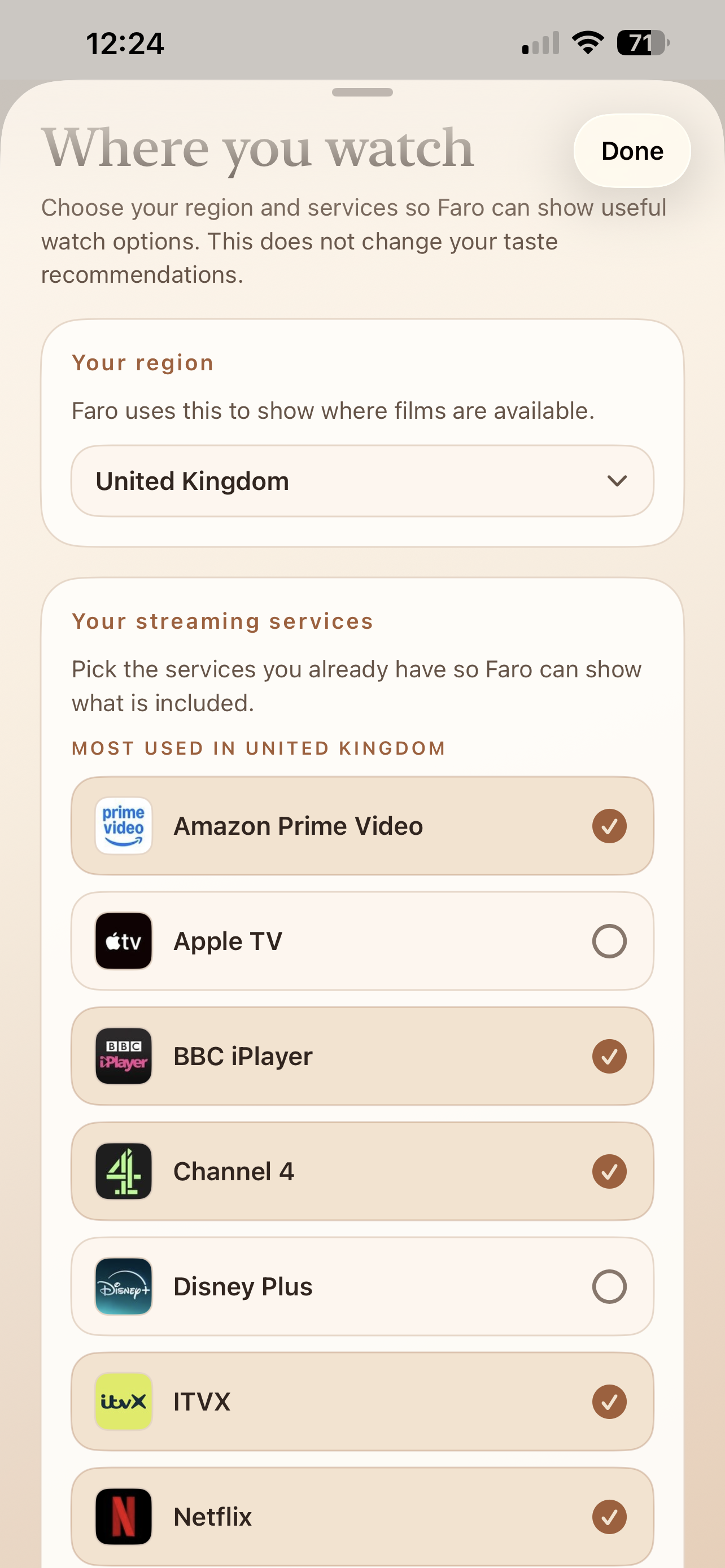 Faro screen for choosing where you watch films